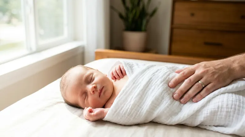 Newborn baby sleeping in soft natural daylight near a window with a parent's hand resting nearby