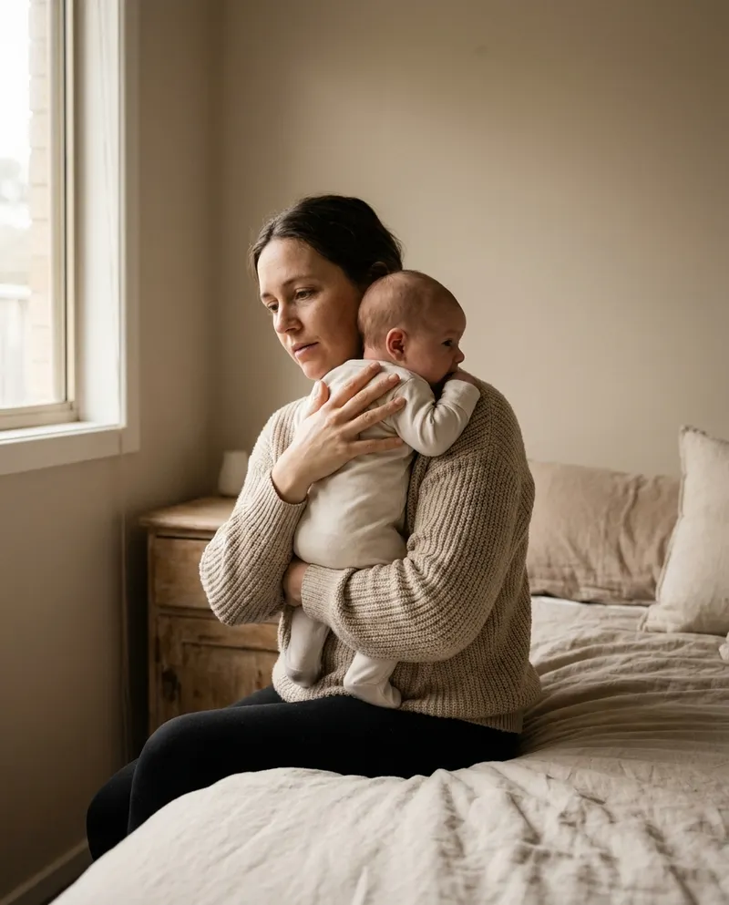 A parent holding a baby upright against their shoulder in soft window light
