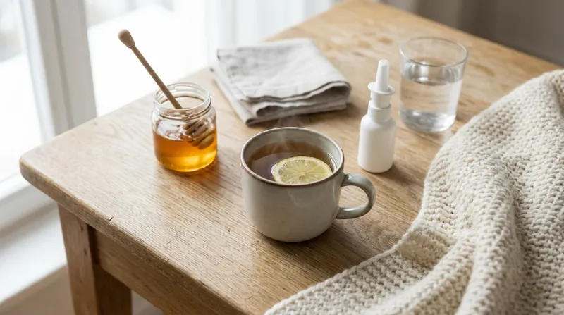 Home cold-care items on a wooden table: a mug of warm tea with lemon, a jar of honey, a saline nasal spray, a glass of water, tissues and a knitted blanket