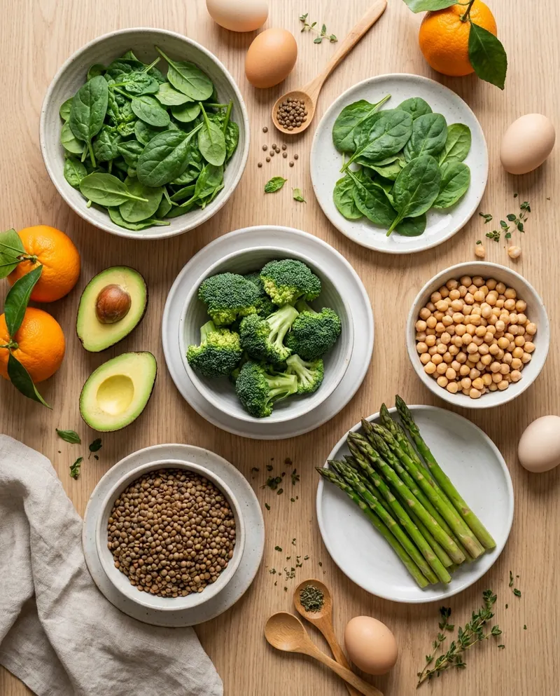 Folate-rich foods including spinach, broccoli, lentils, chickpeas, avocado and oranges
