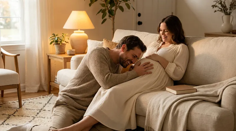 Expectant father kneeling beside the sofa, talking softly to his pregnant partner's belly in the evening