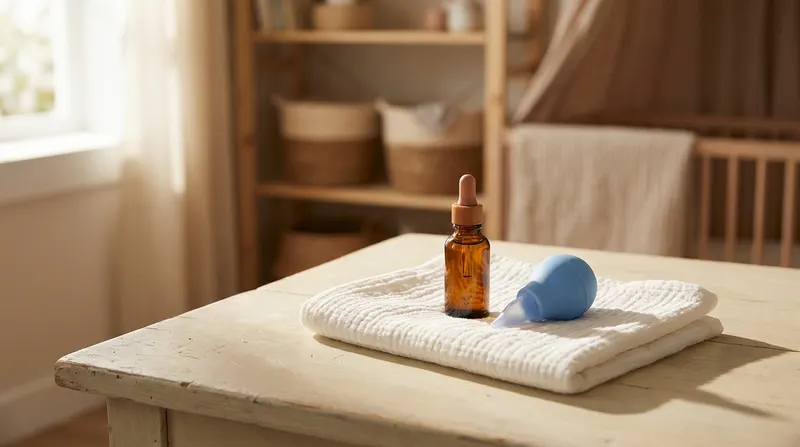 Saline drops and a soft nasal aspirator on a table in a sunlit nursery