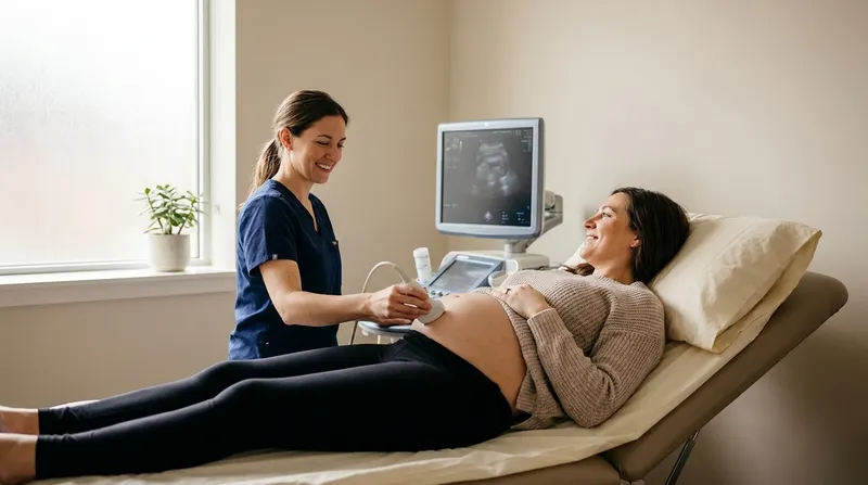 Pregnant woman having a first-trimester ultrasound while a sonographer looks at the monitor