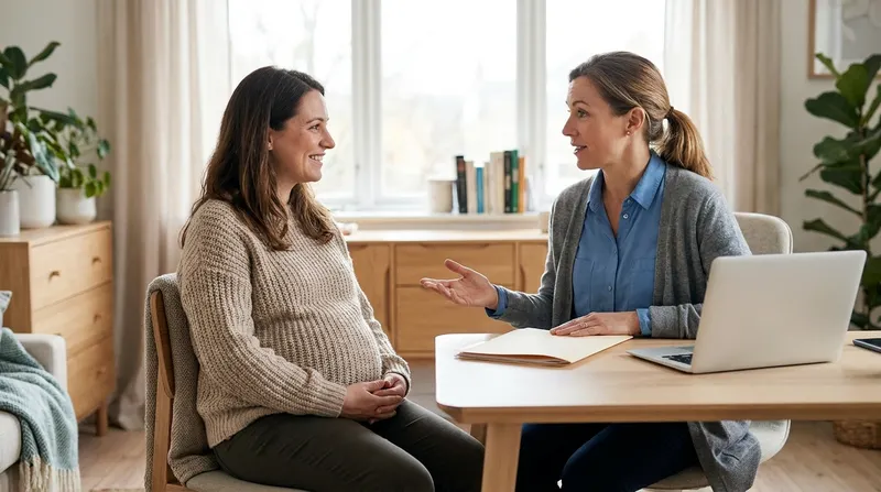 Pregnant woman calmly discussing her prenatal screening results with a doctor