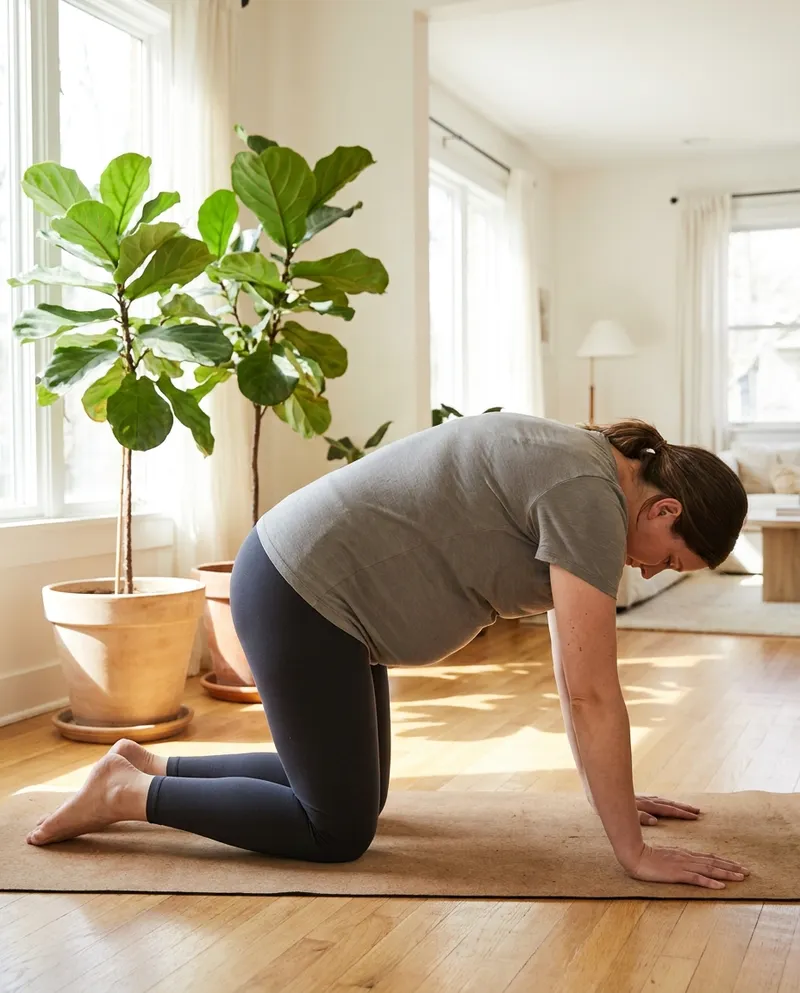 Pregnant woman on hands and knees doing a gentle cat-cow stretch to relieve back pain