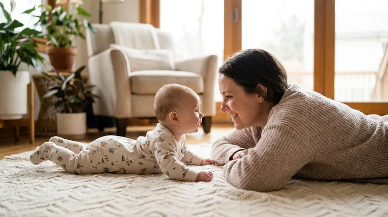 Baby doing tummy time on a rug, lifting their head while a parent lies face to face nearby