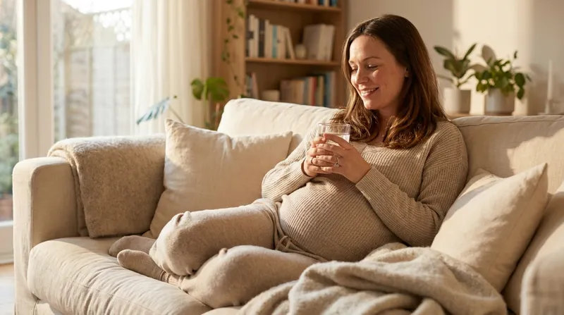 Pregnant woman resting comfortably at home, calmly holding a glass of water