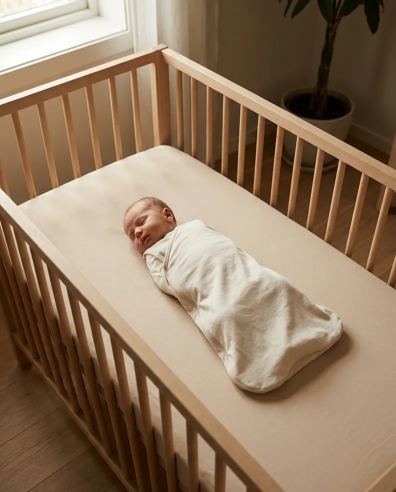A newborn sleeping on their back in a bare cot with a firm flat mattress, no pillows, blankets or toys