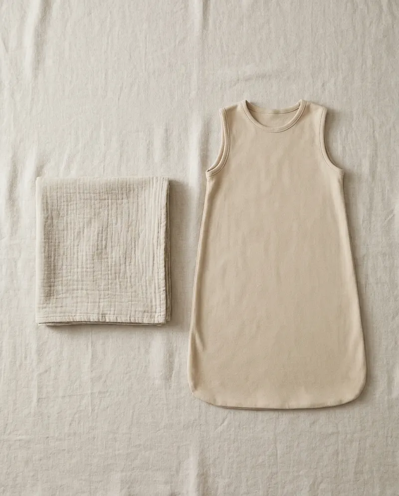 A folded swaddle blanket beside a sleeveless sleep sack with open armholes, laid flat side by side