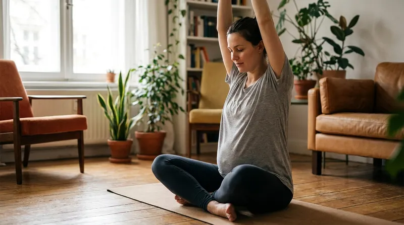 Pregnant woman sitting cross-legged on a yoga mat doing gentle prenatal yoga with arms stretched overhead in a bright living room