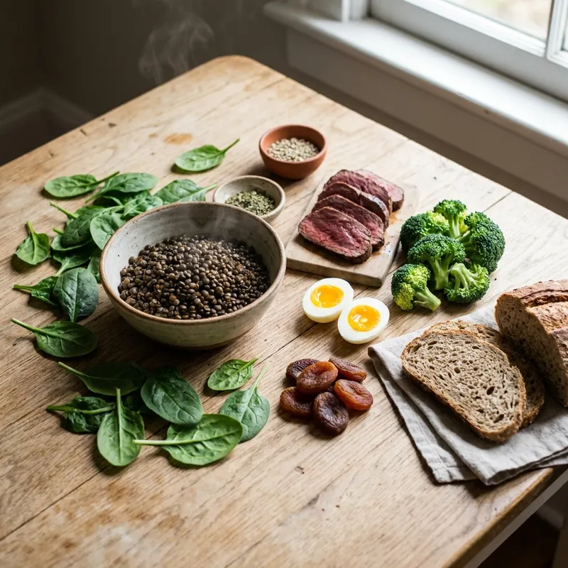 Flat-lay of iron-rich foods for a healthy second-trimester pregnancy diet