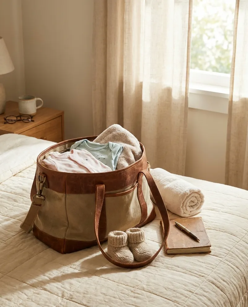 A packed hospital maternity bag on a bed with folded baby clothes, knitted booties, a rolled towel and a notebook