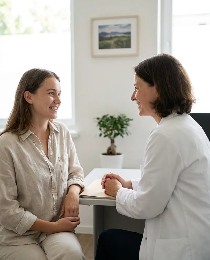 A pregnant woman talking with her doctor at her first prenatal appointment in the first trimester