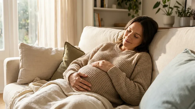 Pregnant woman in her third trimester resting calmly on a sofa at home with her hands on her belly
