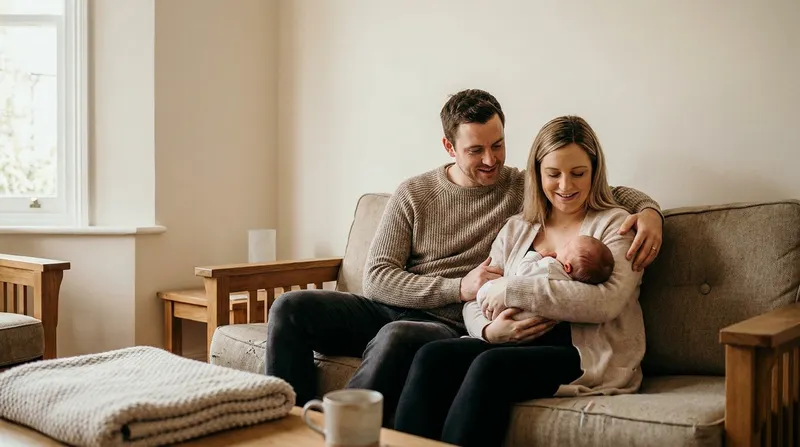 A supportive partner comforting a new mother holding her newborn at home