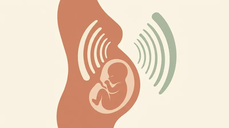 Illustration of a baby curled in the womb with sound waves reaching it from outside and from the mother's chest