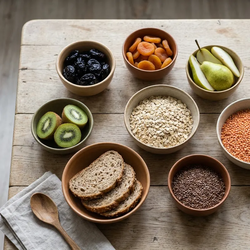 Flat-lay of fiber-rich foods that help relieve constipation during pregnancy: prunes, dried apricots, pears, kiwi, oats, lentils and whole grains
