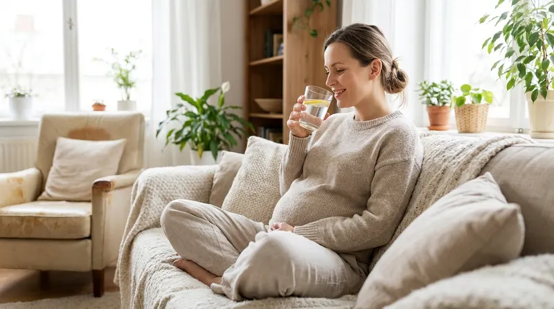 Pregnant woman sitting on a sofa drinking a glass of water to stay hydrated